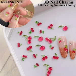 100-Piece Red Resin Mini Cherry Nail Art Charms DIY Nail Decoration