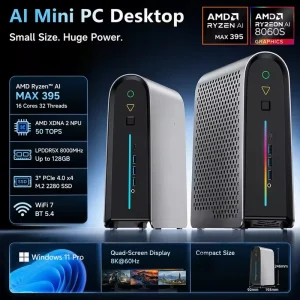 126 TOPS AI NPU Mini PC Ryzen AI Max+ 395 Radeon 8060S 128GB RAM 2TB SSD 8K Output Portable Workstation