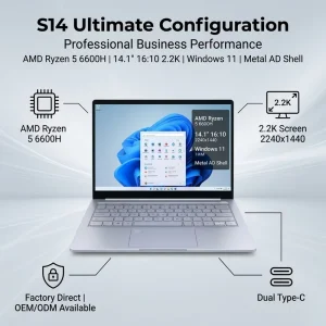 14.1 Inch Full HD Laptop AMD Ryzen 5 6600H Processor OEM ODM Business Laptop