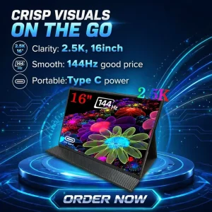 16 Inch 2.5K 144Hz Portable Gaming Monitor IPS HDR with Built-in Speakers