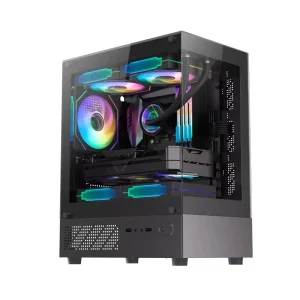 270 Degree Dual Tempered Glass Gaming Mid Tower PC Case with M ATX Mini ITX Support and 240mm Water Cooling