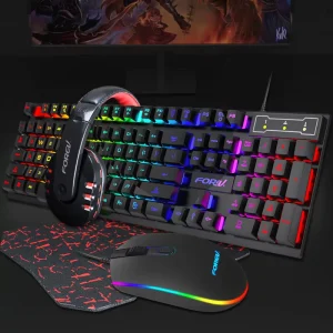 4-in-1 Portable USB Wired Gaming Combo Set with 104-Key Mechanical RGB Backlit Keyboard, Mouse, Mouse Pad, and Headphones