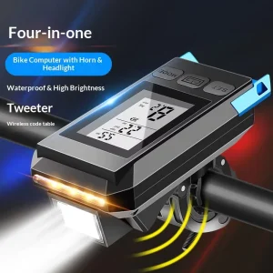 4-in-1 Sensor Bike Computer, Headlight, Horn, Wireless USB Rechargeable, Waterproof Bicycle Speedometer