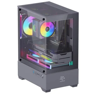 5-Fan Mid Tower MicroATX Gaming PC Case with Tempered Glass and USB, Black