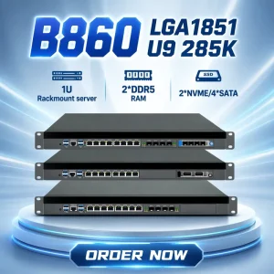8* 2.5GbE 4*10G SFP NAS Motherboard 1U Firewall Pfsense B860 Chip Ultra7 265K 9 285K 2*DDR5 PCIE4.0 Compact Rackmount Server