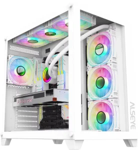 ALSEYE ITX ATX White Full Glass Computer Case Knight W(4 Fans) Gaming PC Case