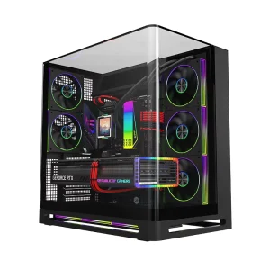 ATX Mid Tower PC Case with Glass Front and Side Panels LCD Screen USB 3.0 Black