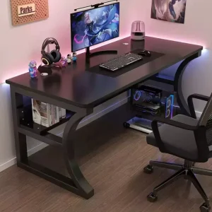 Black Gaming Desk with Storage Shelf & CPU Stand Simple Computer Workstation with RGB Light for Gamers