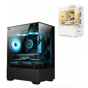 Black M-ATX Gaming Case with Front and Side Tempered Glass, 240mm Liquid Cooling Support, 280mm VGA Support, 165mm CPU Height, 4 PCI Slots and Dual HDD Bays