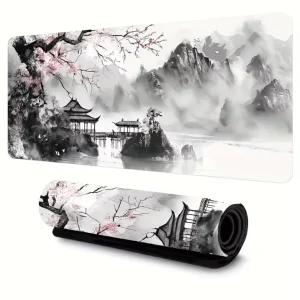 Black and White Japanese Style Watercolor Cherry Blossom Gaming Mouse Pad XL Extended Keyboard & Mouse Desk Mat