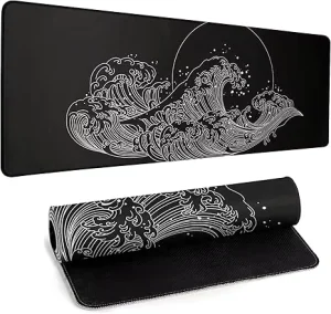 Black and White Wave Cartoon Gaming Mouse Pad with Extended Large Non Slip Rubber Surface with Wrist Rest Stock Available
