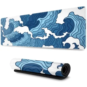 Blue and White Large Wave Gaming Mouse Pad Anti Slip Waterproof Custom Stitched Edges in Stock
