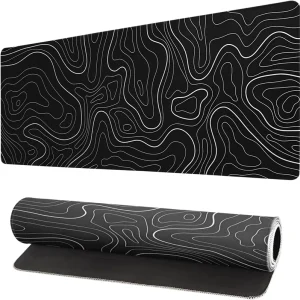Custom Large Gaming Mouse Pad with Anti Slip Rubber Base Black & White Topographic Line Design for Home Office Use