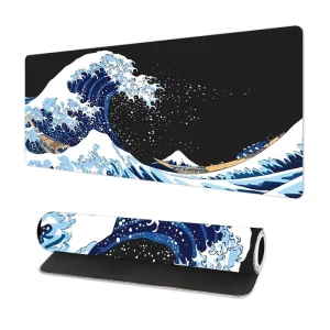 Custom Long XXL Waterproof Gaming Mouse Pad Black Japanese Anime Sea Wave Design Large Size Laptop Compatible