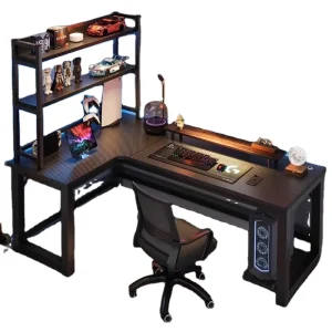 Custom Reversible L Shaped Gaming Desk W Storage Shelf Multifunctional Esports OEM Computer Table & Black Metal Frame