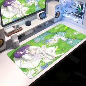 Cute Forest Elf Girls Green Nature Aesthetic Large Desk Pad Anime Style Extended Gaming Mouse Pad Stitched Edge Keyboard Mat