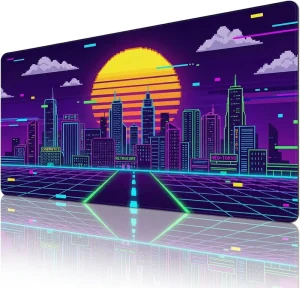 Cyberpunk Retro Synthwave Neon XXL Gaming Mouse Pad 48x24in Non Slip Base Neon Cyberpunk City Design