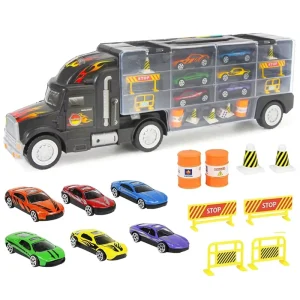 Diecast Toy Car Set with Roadblocks Container Truck Toy Carrier Mini Alloy Model Car Transport Vehicle Package for Kids