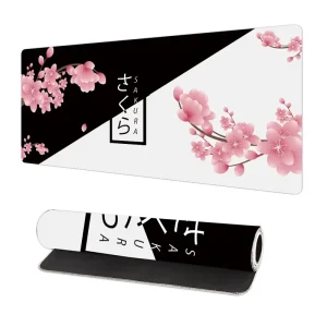 FUDING Black White Cherry Blossom Gaming Mouse Pad Japanese Pink Long Non Slip Rubber Base Water Resistant Scratch Proof Stock