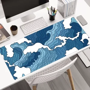 Factory OEM Anime XL Japanese Blue White Wave Water Resistant Gaming Mouse Pad Non Slip Rubber Base Stitched Edges RoHS