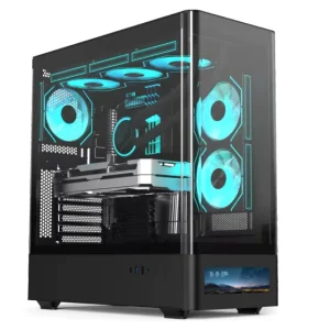 Full Tower Black and White ATX Gaming PC Case with LCD Screen Display