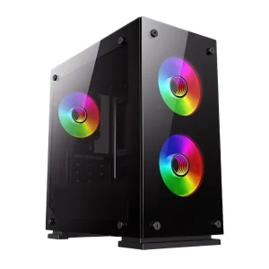 GAMEMAX M65 Mid Tower MicroATX Computer Case with Double Tempered Glass Fan Cooled Audio Front Ports Stock