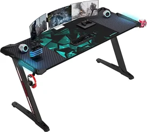 Gaming Desk with RGB LED Lights, Large Z-Shaped Carbon Fiber Desktop Computer Game Table