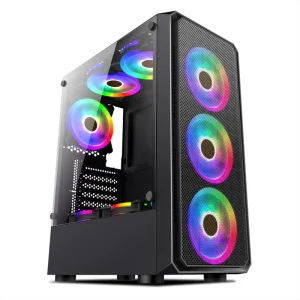 Gaming PC Case, ATX Mid Tower Desktop Chassis with Tempered Glass Side Panel