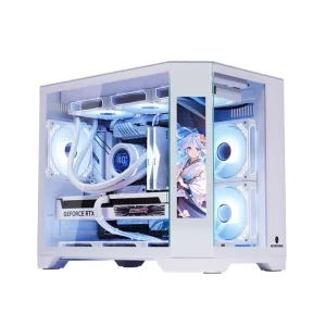 Gaming PC Case, Mid Tower Micro ATX, White with LCD Screen and Tempered Glass
