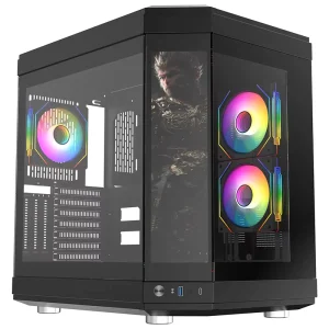 Gaming PC Case with Double-Sided Glass and LCD Display ATX Mid Tower