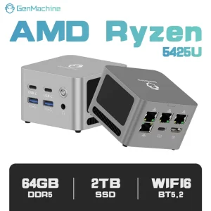 GenMachine AMD Ryzen 3 5425U Gaming Mini PC Computer 4 Core LPDDR4X SSD 4×2.5G LAN WiFi6 BT5.2 3 Display 4USB C Business
