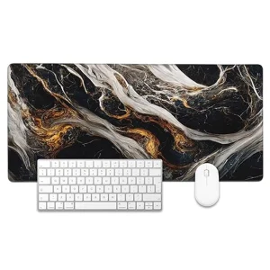 Gold Black Marble Large Gaming Mouse Pad with Wrist Rest Cartoon Design Waterproof Non Slip Rubber Base Sewn Edges