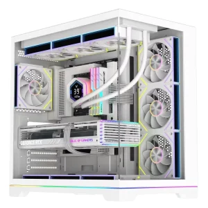 HALO 9 White ATX, Micro-ATX, ITX Mid-Tower Aluminum Alloy Gaming PC Case with ARGB Fan, Glass Window, and USB Ports