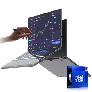 High Performance N100 Business Laptop with 14+14 Inch Dual Screen Ultra Thin Portable Office & Gaming Computer Used with UK Plug