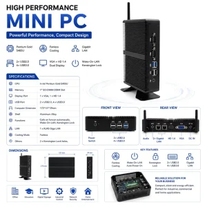 Industrial New Fanless Mini PC Barebone Computer with Intel Penum Gold 5405U 6*USB VGA+HD Dual Cores Windows11 Linux DDR4 SSD