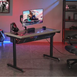 Iron Frame Glass Desktop Computer Gaming Desk with Color-adjustable LED Light
