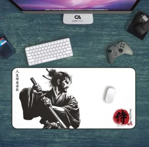 Japanese Samurai Desk Mat Ronin Warrior Mousepad Gaming Desk Mat Ink Wash Katana Art XL Anime Desk Pad White Grey Brown