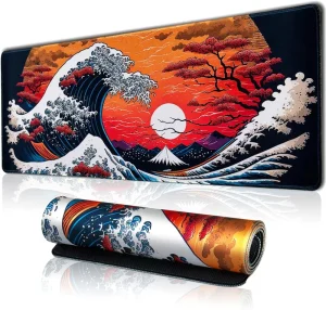 Japanese Sea Waves Large Gaming Mouse Pad Non Slip Seamed Edges Waterproof Rubber Base Customizable Sizes Scratch Proof Stock