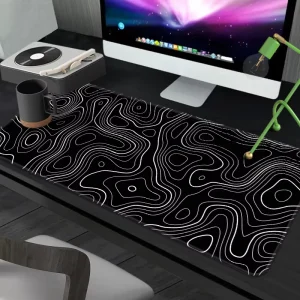 Large Anti Slip Gaming Mousepad with Topographic Line Design Black and White Rubber Base Mouse Mat for Home Office
