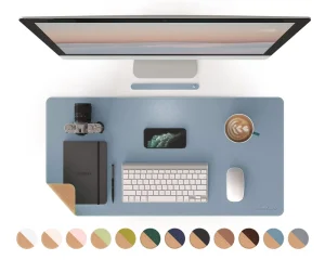 Large Double-Sided Gaming Mouse Pad 32×16 Inch Blue Gray Natural Cork PU Leather Waterproof Office Desk Mat