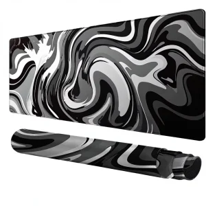 Large Gaming Mouse Pad Black White Liquid Wave Pattern Stitched Edges Anti Slip Rubber Base Waterproof Stain Resistant