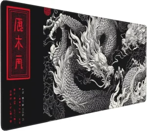 Large Gaming Mouse Pad with Dragon Design Non-Slip 35.4 x 15.7 Inch Black and Red Japanese Style Desk Mat