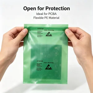 Light Green Heat Sealable Open End Anti Static Poly Bags Safe Packaging Solution for PCBA and All Static Sensitive Parts
