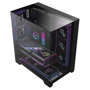 Mid Tower ATX Gaming Computer Case, Panoramic 3-Side Tempered Glass, Dual Chamber, Liquid Cooling
