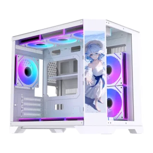 Mid Tower Desktop MATX Gaming Computer Case with Panoramic Tempered Glass, Cooling, and LCD Screen
