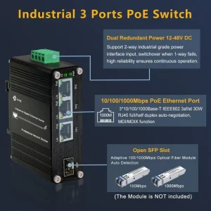 Mini Industrial 4-Port 10/100/1000Mbps Gigabit Ethernet PoE Switch with SFP Port DIN Rail/Wall Mount 12-48V DC