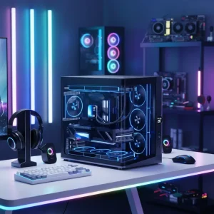 NPC Custom Vertical Aluminum Alloy Full Side Tempered Glass ATX Mid Tower PC Case with 360mm Liquid Cooling Support for Gaming