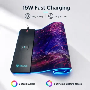 OEM Custom RUIJING RGB LED Gaming Desk Mat HH RGB00183 15W Fast Wireless Charging Anti Slip Type C Fabric Mousepad 900x400mm