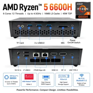 PC AMD R5 6600H 6Core HD2.0 DP1.2 Type-c Mini Desketop Computer Dual Ethernet Win11 PC DDR5 RAM 32GB