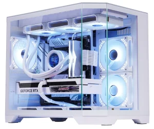PC Case with Fans Smart Data Hub RTX 4090 Compatible AIO Liquid Radiator Ready Two Zone Pillarless Design